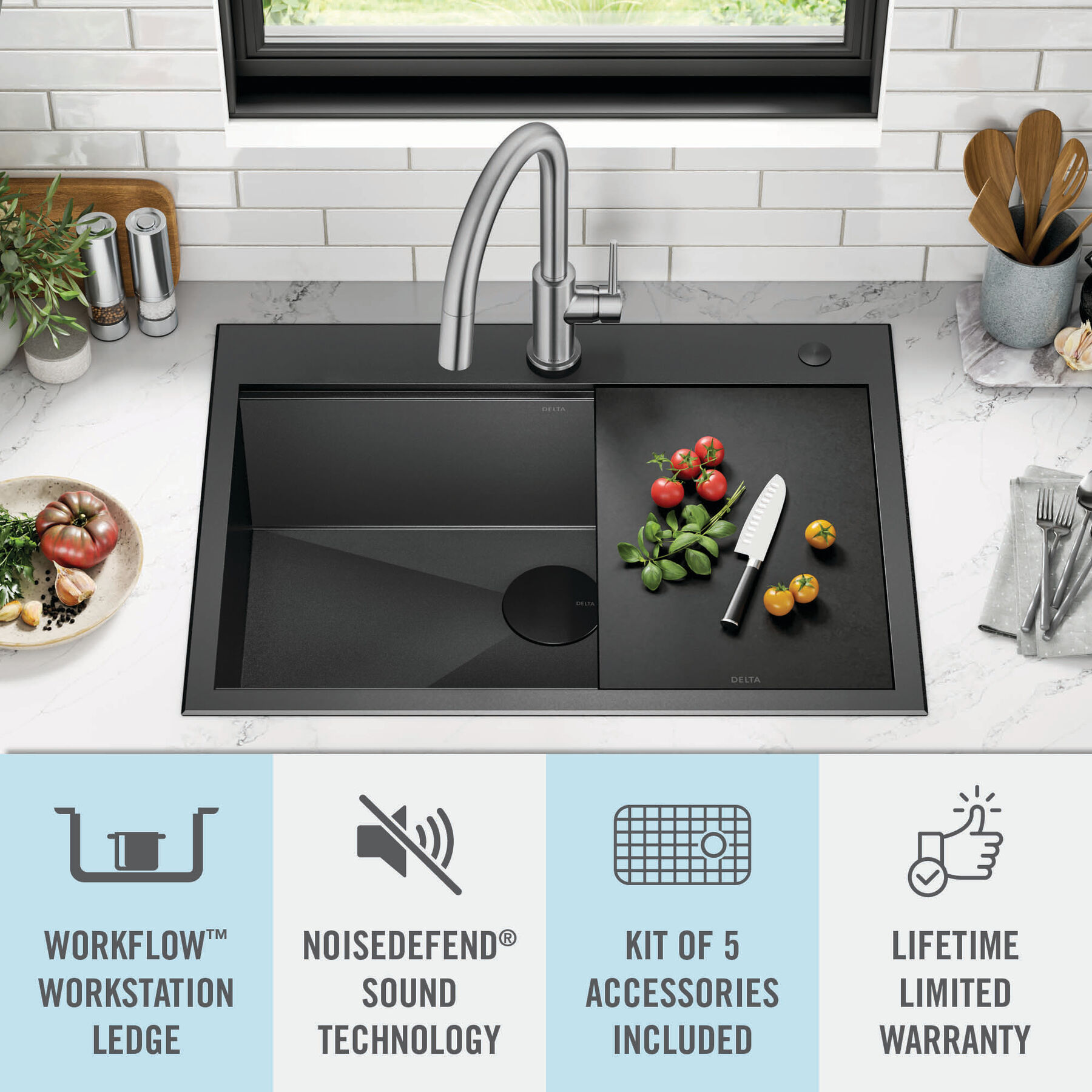 30” Drop-In Top Mount 16 Gauge Workstation Kitchen Sink Single Bowl with WorkFlow™ Ledge and Accessories, image 17